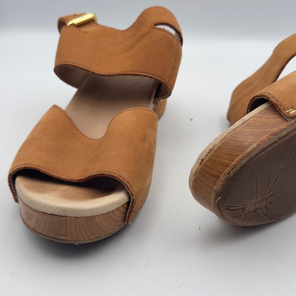Dansko Minka Sandal Tan Leather Wood Platform Clog 38 7.5/8 Ankle Strap Boho - Picture 9 of 15